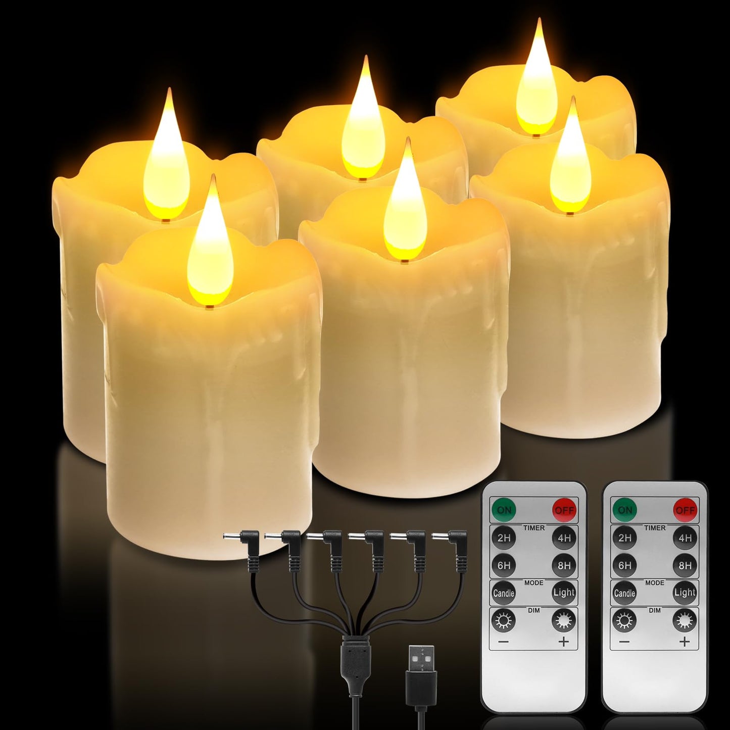 6 PCS Real Wax Rechargeable Flameless Warm White LED Candles,Remote Control,D2 x H4”,Brightness Adjustable Flickering Battery Operated Tea Lights Candles with timer,for Christmas,Home,Halloween Decor