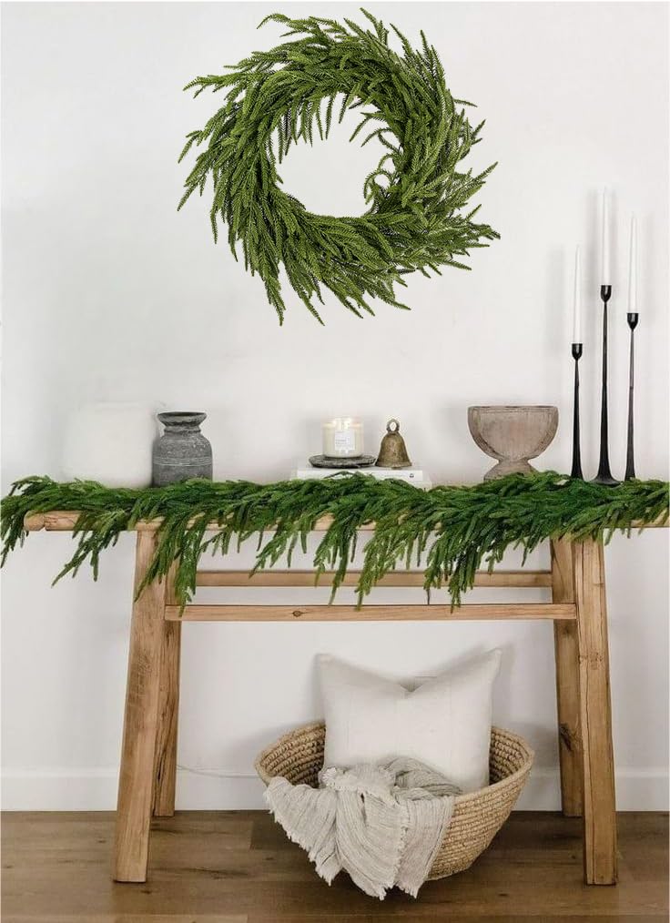 ENVEN Real Touch Norfolk Pine 22IN Green Wreath and Garland Artificial Faux Greenery Norfolk Pine for Holiday Indoor Mantle Decor (6FT)