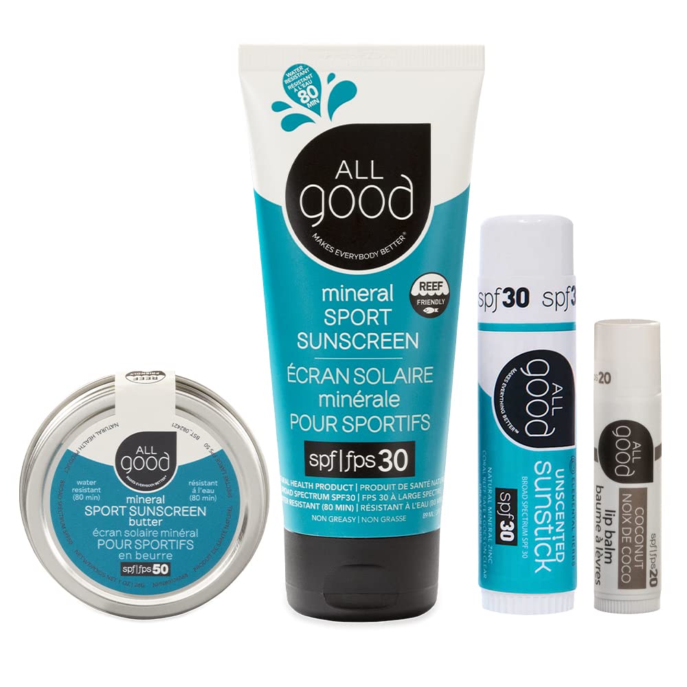 All Good Mineral Sun Care Set - SPF Lip Balm, Sport Sunscreen Lotion, Zinc Butter, & Face/Nose/Ear Sunstick - Water Resistant &