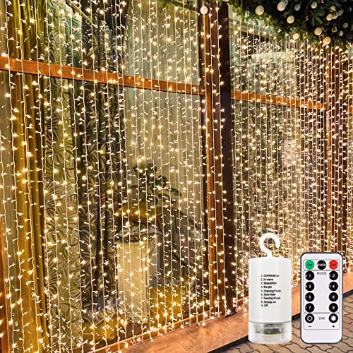 echosari 300 LED Curtain Lights Battery Operated, 9.8ft×9.8ft Hanging Light with Remote Timer Fairy Curtain Lights for Bed...