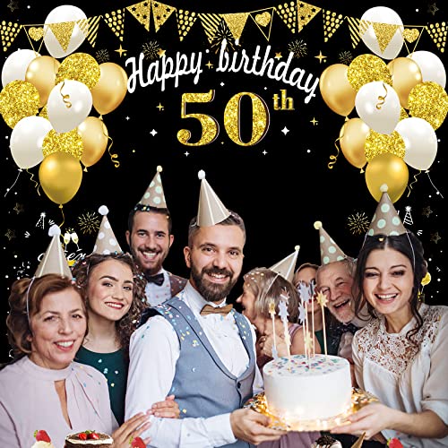 Large 50th Birthday Decorations, Big 50 Birthday Banner for Women Men, Black Gold Funny Fifty Years Bday Photo Booth Props...