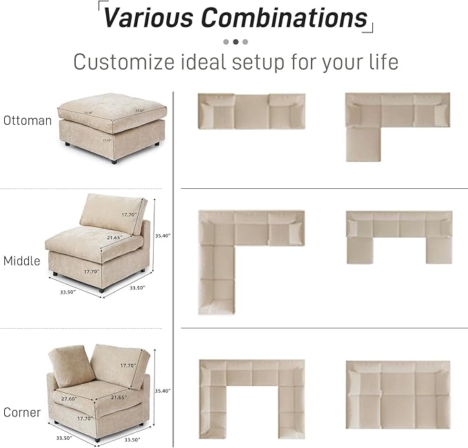 Cloud Sectional Couches for Living Room,134" Convertible L Shaped Couch with Ottoman, 6 Seater Modular Sectional Sofa,Deep Seater Furniture Sets