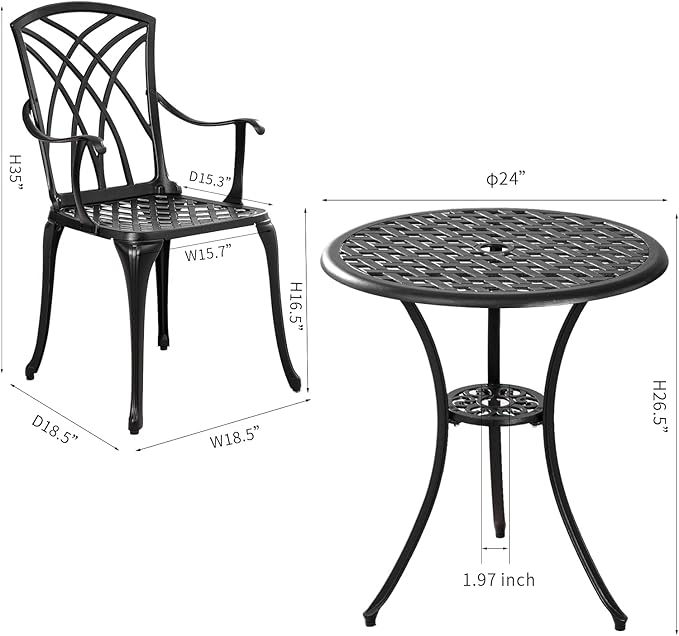 Withniture Patio Bistro Set 3 Piece Outdoor, Cast Aluminum Bistro Table and Chairs Set with Umbrella Hole, Small Bistro Sets Patio Furniture for Porch, Yard (Black, Woven with Armrest)