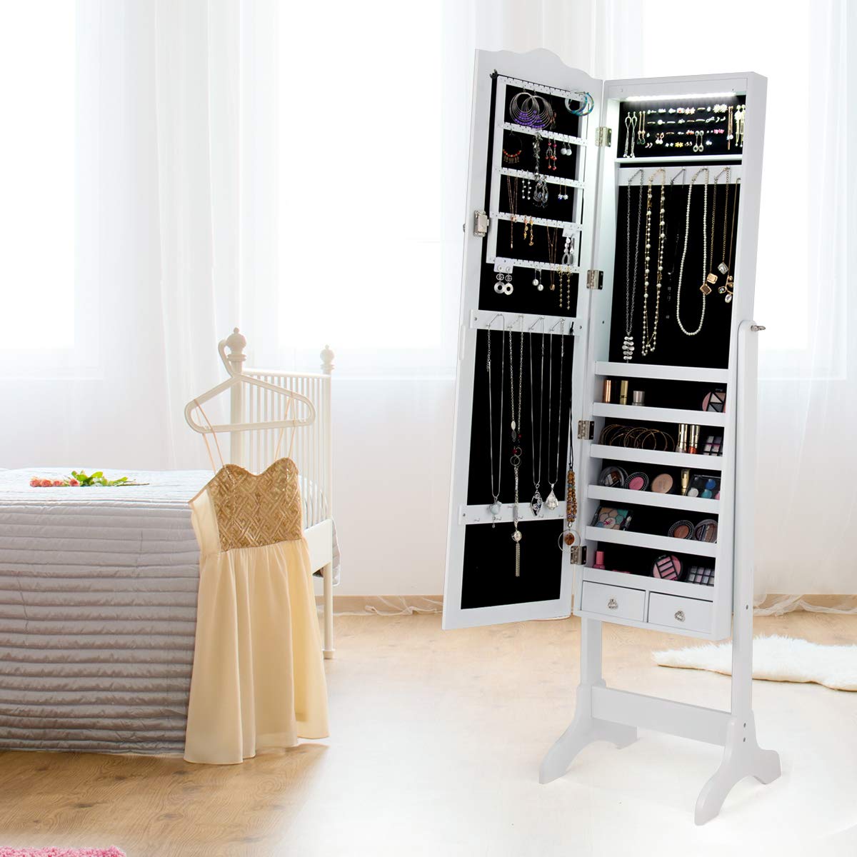 HOMGX (White 14 LEDs Mirror Wood Cabinet, Lockable Standing Armoire with Key, Jewelry Storage Organizer with 2 Drawers and 4 Angles (Jewelry Cabinet)