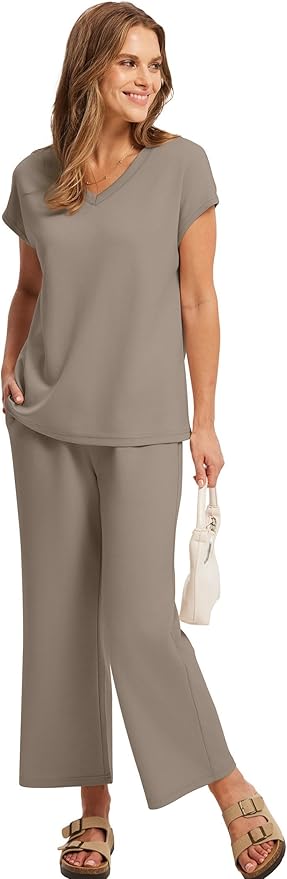 Saloogoe Two Piece Sets for Women Summer Outfits Lounge Sets V Neck Tops Wide Leg Pants Woman Vacation Travel Outfits