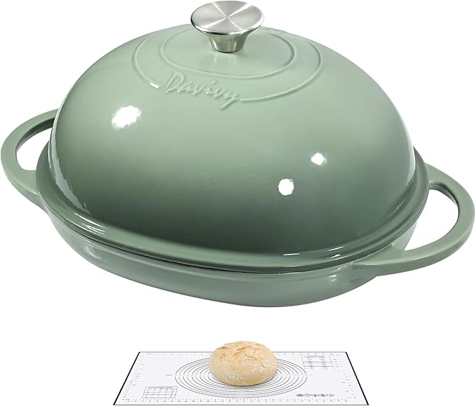Davivy 6QT Cast Iron Oval Dutch Oven with Silicone Baking Mat, Bread Dutch Oven for Sourdough Bread Baking 6QT, Cast Iron Loaf Pan with Domed Lid - Sea Salt Green
