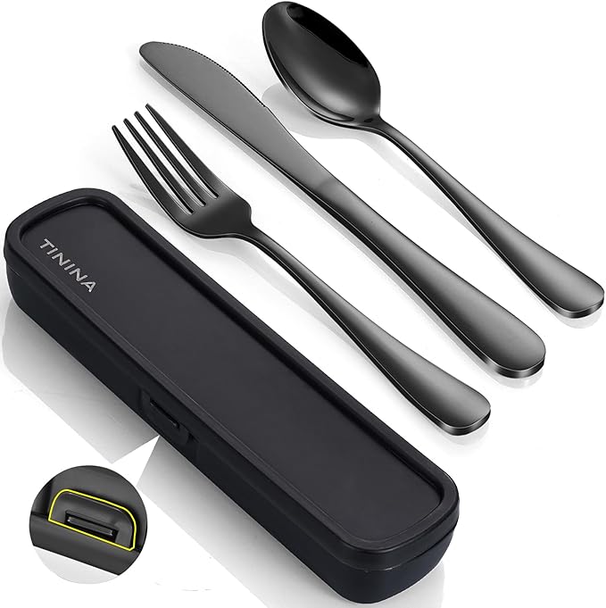 Travel Utensils with Case, 4-Piece Stainless Steel Portable Cutlery Set, Reinforced Case with Buckle Design, Lunch Box for...