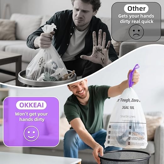 OKKEAI 3 Gallon Small Mini Trash Bags with 64 Count Drawstring Trash Bags Leak Proof Tear Resistant Bathroom Kitchen Office Garbage Bags Heavy Duty Liners Easy to Tie and Dispose