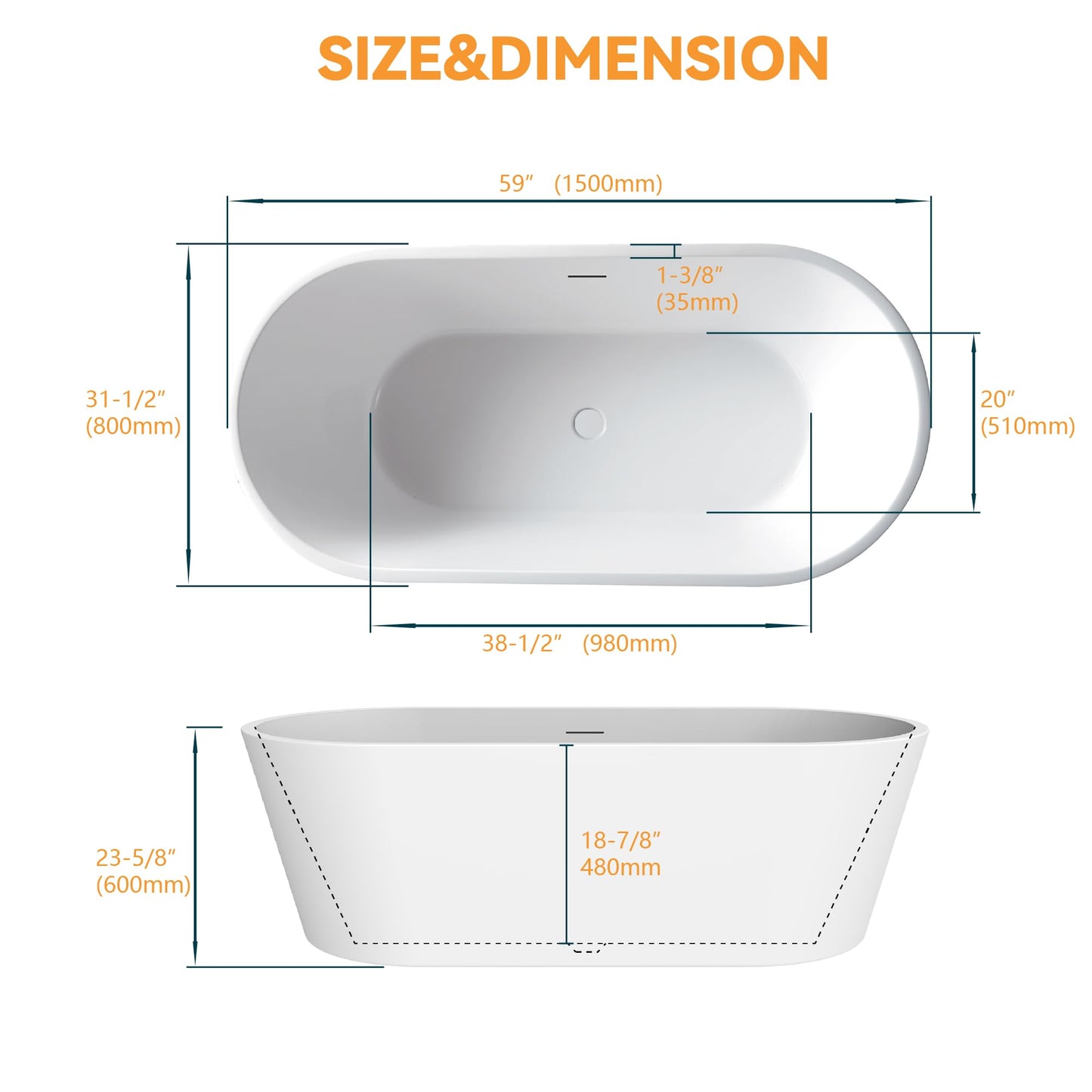 Adecab 59" Acrylic Freestanding Bathtub, Free Standing Tub, Stand Alone Tub, Soaking Tub with Integrated Overflow and Drain, cUPC Certified, Gloss White