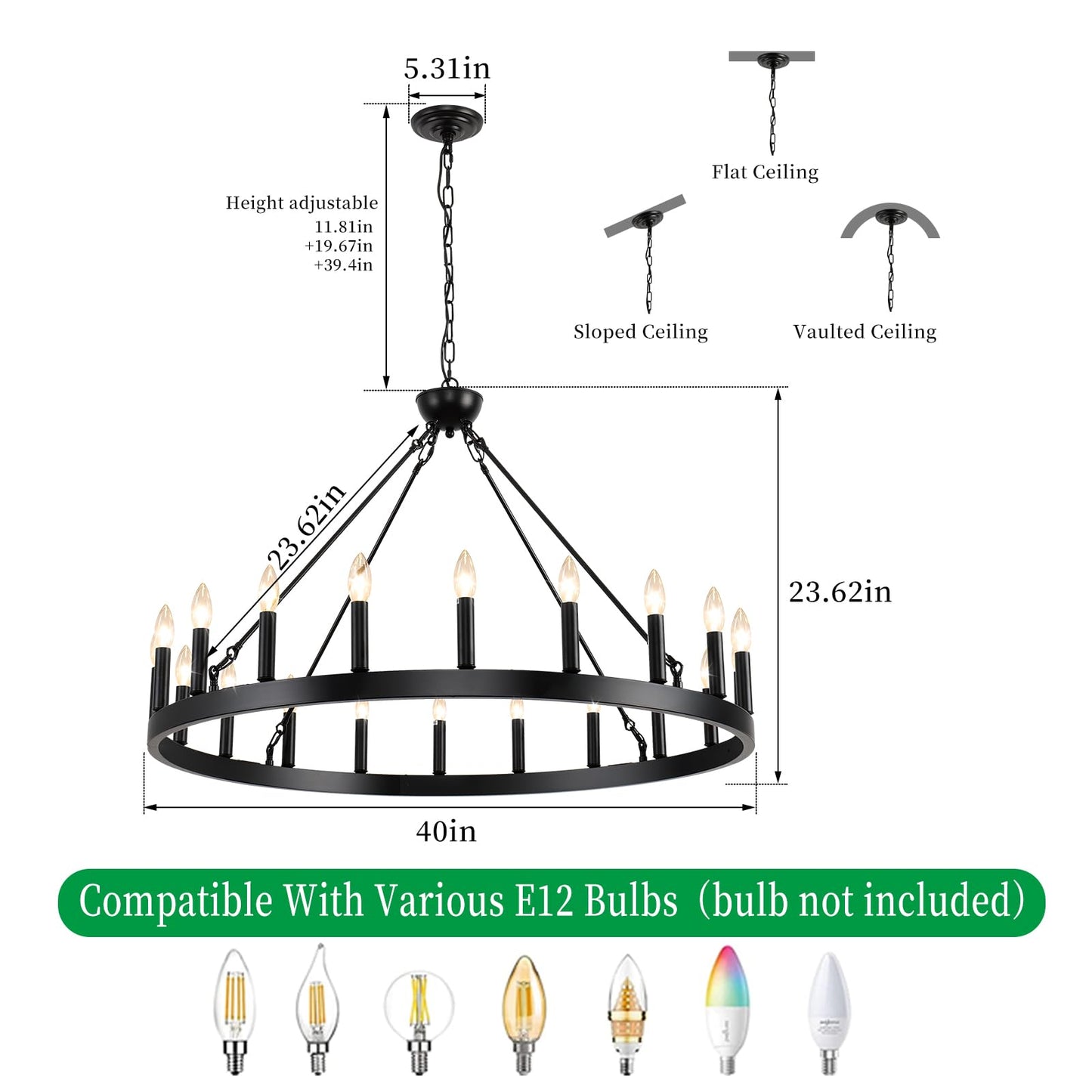 VBKK Wagon Wheel Chandeliers 40" 20-Light, Black Modern Farmhouse Chandelier with Adjustable Height, Hanging Island Light Fixture for Dining Living Ceiling Room Outdoor
