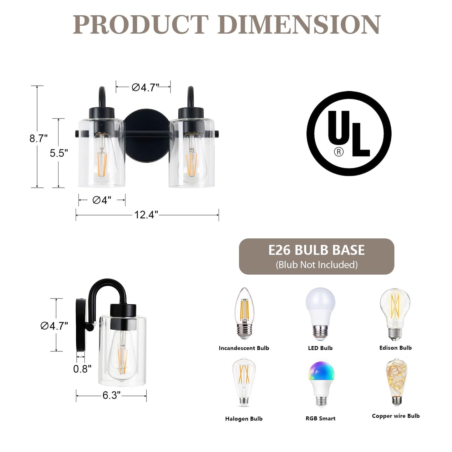 AURYNIX 2-Light Black Bathroom Light Fixtures with Clear Glass Shade, Modern Wall Sconces, Vanity Lights for Bathroom, Mirror, Powder Room, Living Room