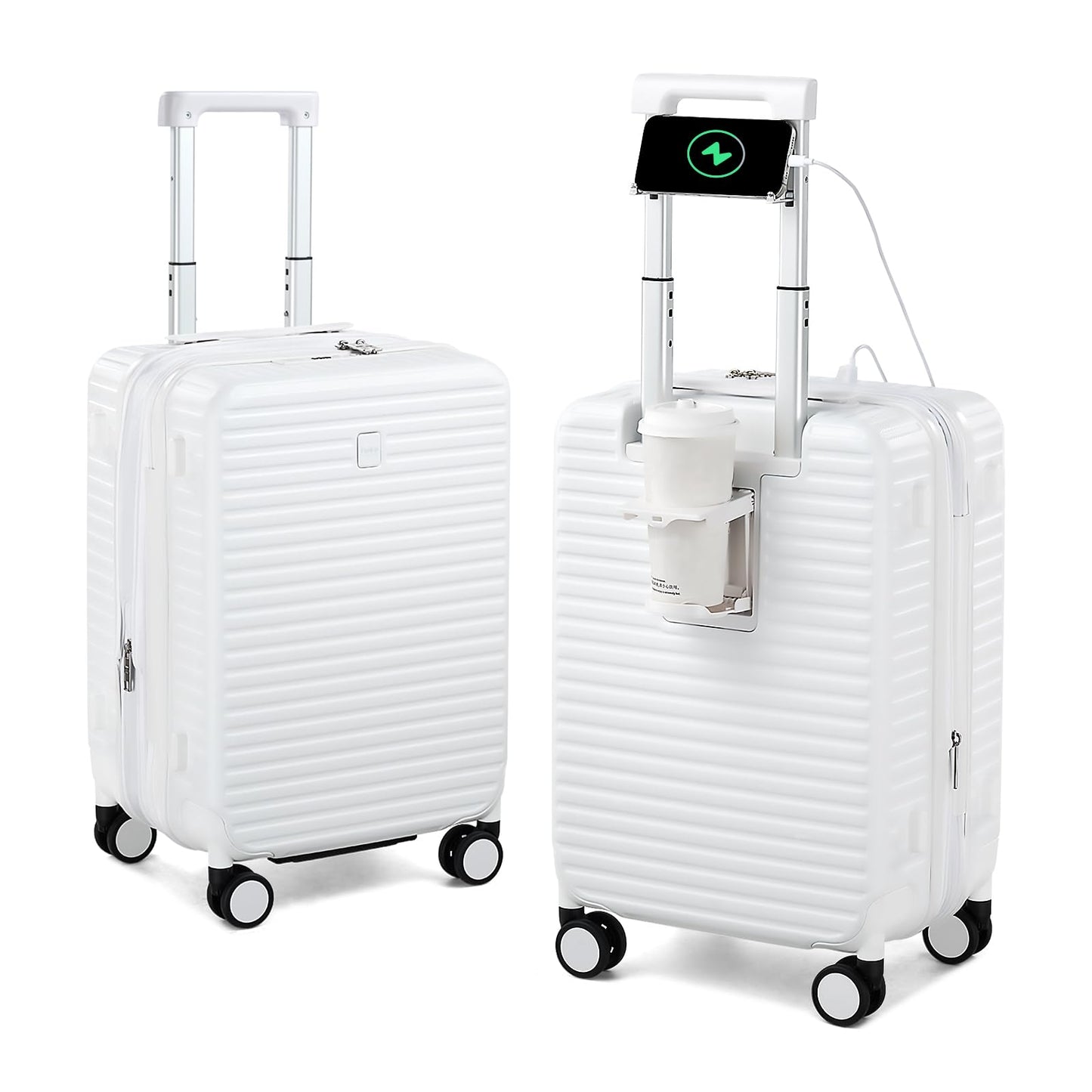 HanTrip Hard Shell Suitcases Airline Approved 20 Inch Carry on Luggage, Expandable Travel Luggage Carry on Luggage with Cup Holder Charger Built in, Lightweight Small Suitcases with Wheels, White