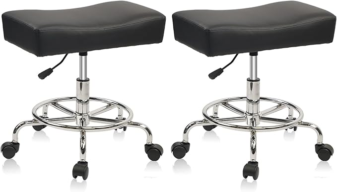 Heavy Duty Extra Wide Rolling Stool PU Leather Thickened Seat Cushion with Foot Rest Adjustable Height Swivel with Wheels for Spa Salon Tattoo Work Massage Barstool, Black, 2 Pack