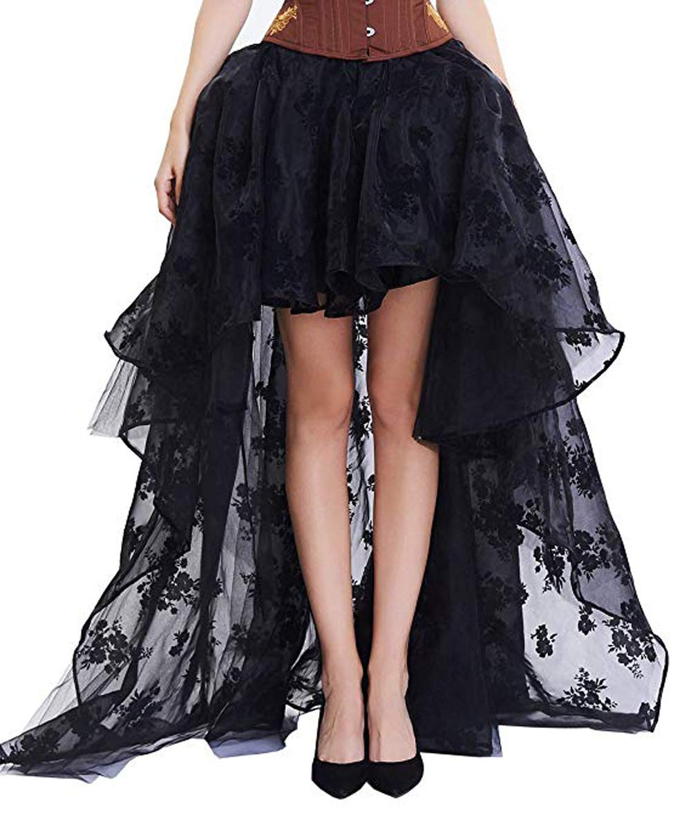 COSWE Women's Black Floral Lace Asymmetrical Victoria Gothic Long Maxi Skirt Party