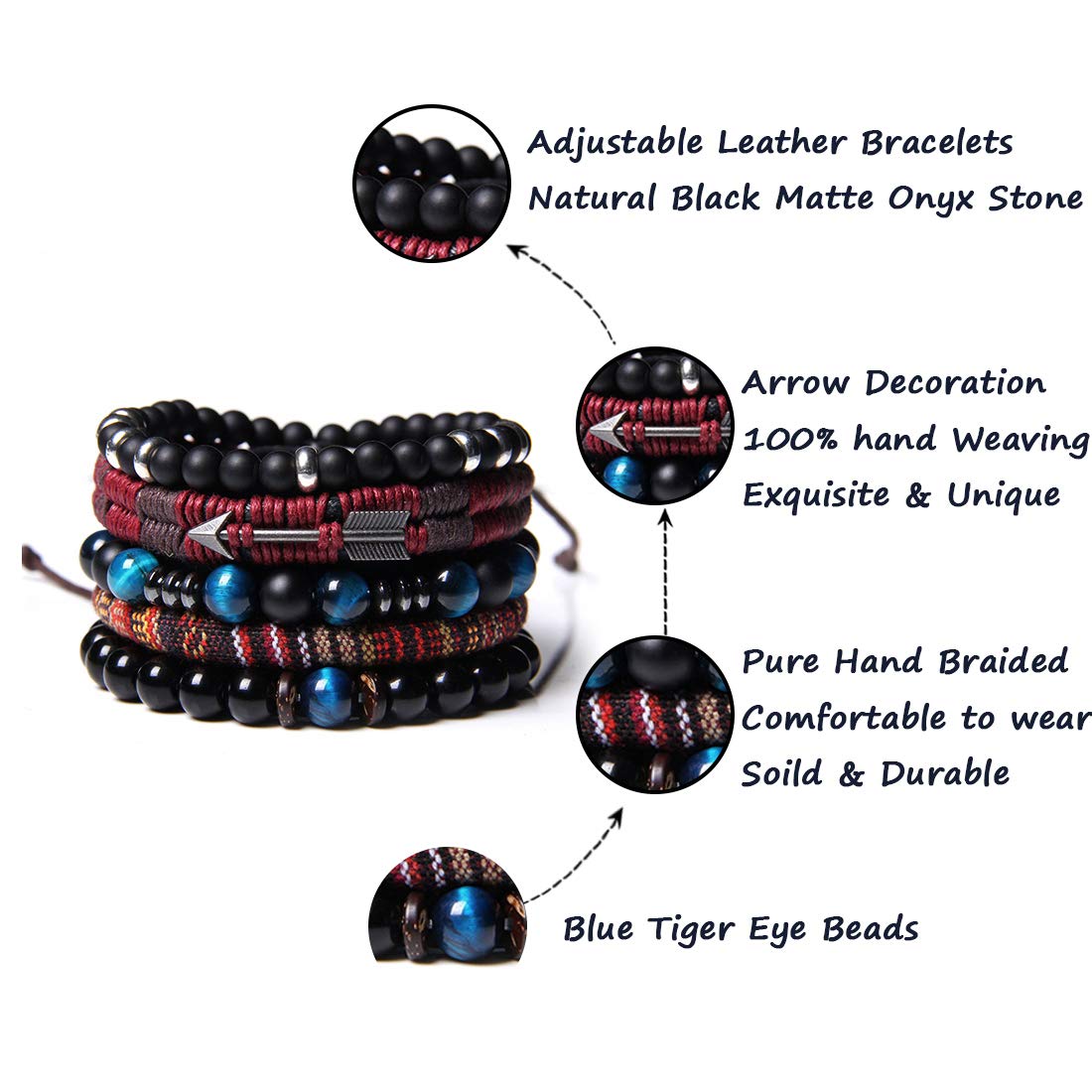 WAINIS Braided Leather Bracelets for Men Women Wrap Tiger Eye Lava Rock Beads Bracelet Woven Ethnic Tribal Rope Wristbands Brace