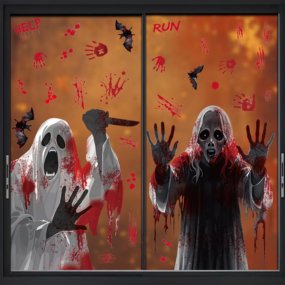 Halloween Window Clings Decorations - Scary Ghost & Death Stickers Scary Halloween Party Blood Stickers Decor for Home Classroom Windows Indoor/Outdoor Use - 8 Sheets