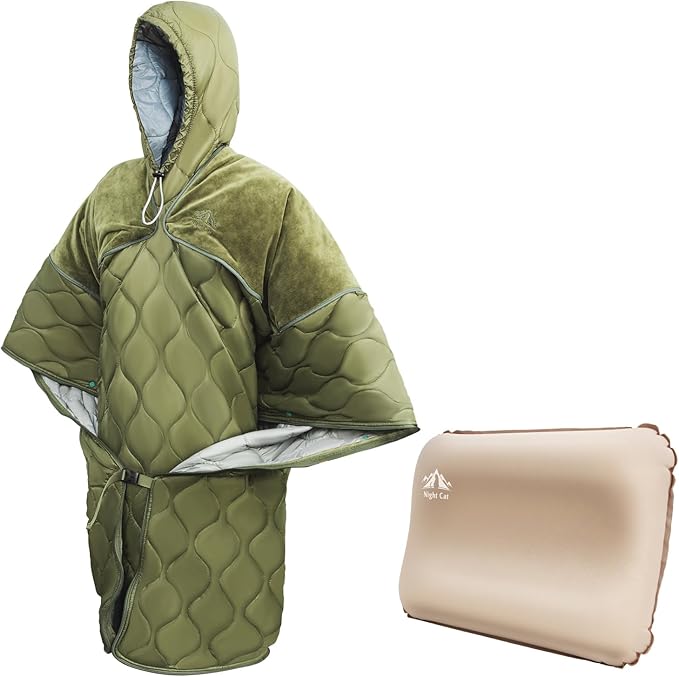 Night Cat Sleeping Bag for Camping with Self-Inflatable Camping Pillow for Adults Ultralight Wearable Quilt 3 Seasons Suit...