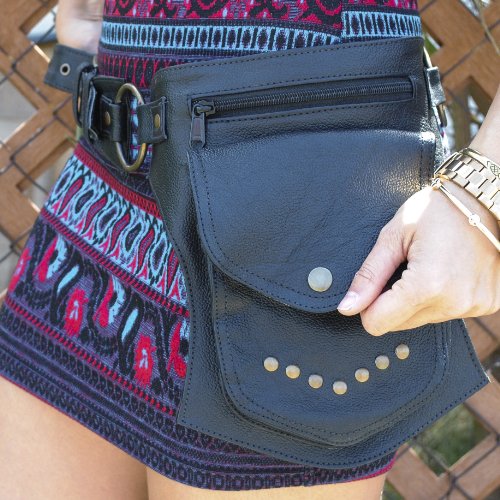 Black Leather Travel Belt, Fanny Pack with Gold Studs and Metal Grommets, for Men & Women, One Size Fits All, Perfect for ...