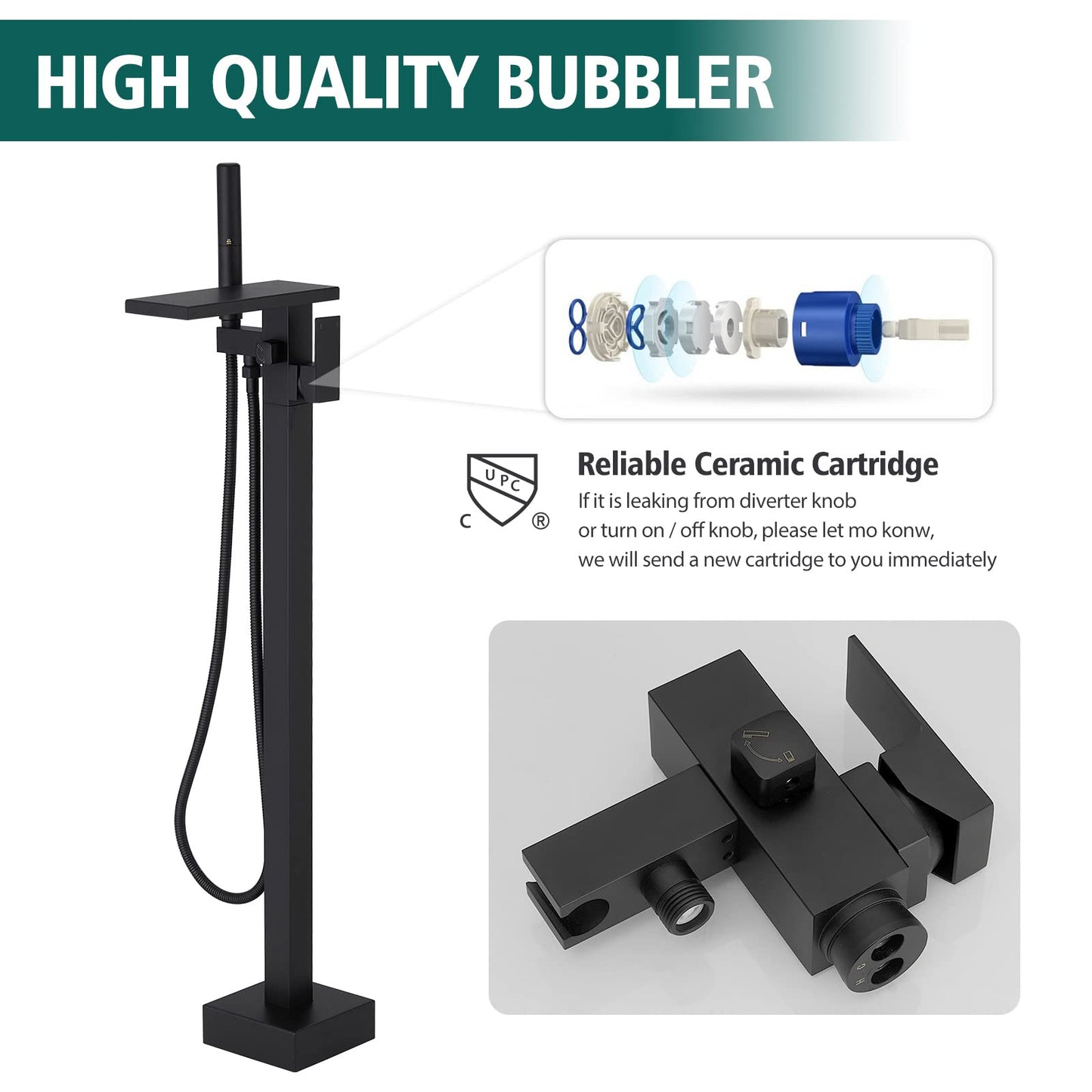 Hoimpro Tub Filler Freestanding Bathtub Faucet Matte Black Floor Mount Tub Faucet Waterfall Free Standing Bathtub Filler High Flow Brass Bath Shower Faucets with Handheld Sprayer