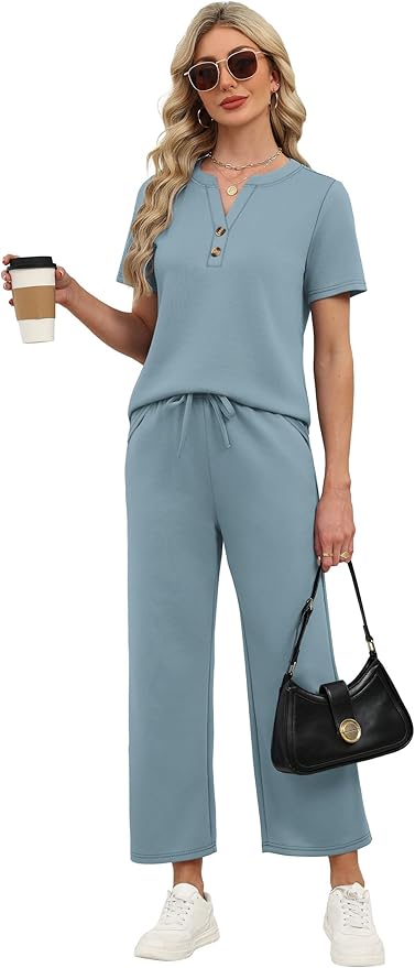 OFEEFAN 2 Piece Sets for Women Spring Fashion Beach Vacation Cruise Outfit Dressy Casual Wide Leg Crop Pants Resort Wear