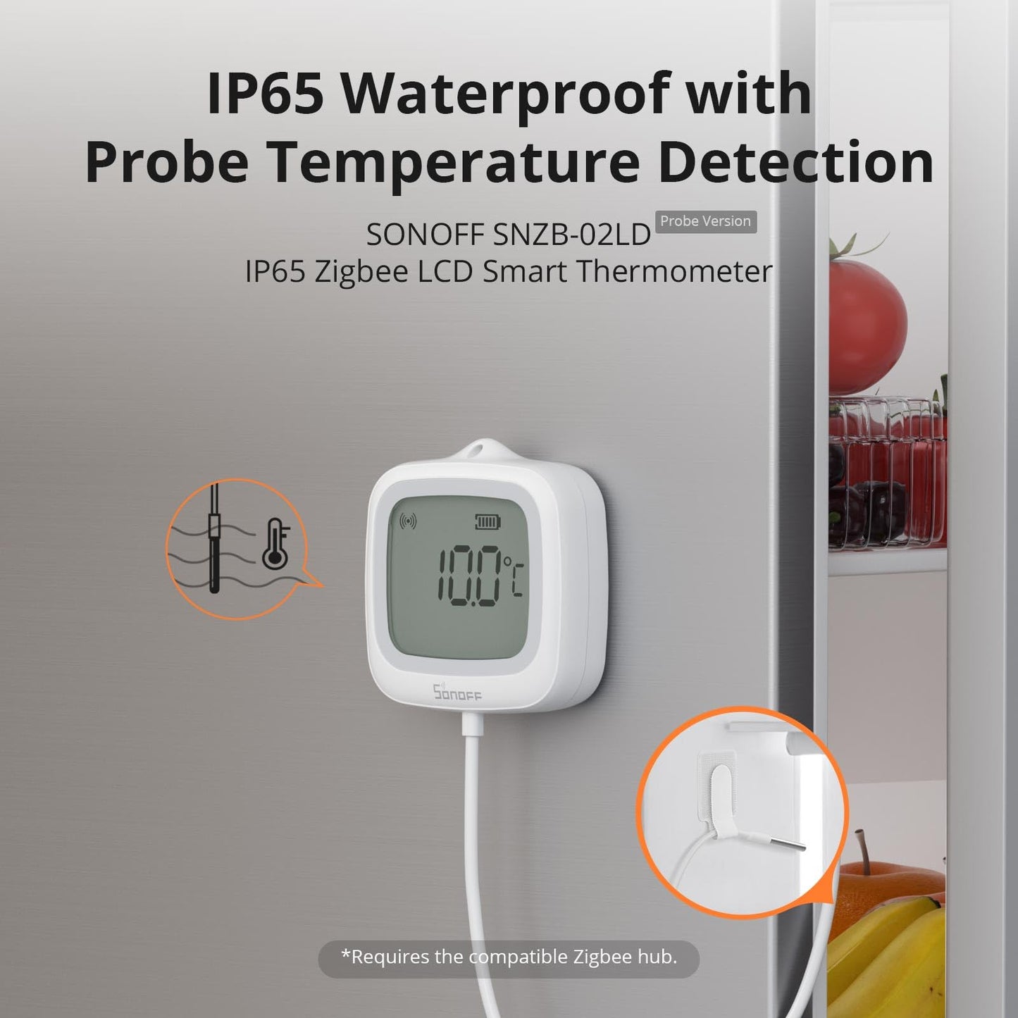 SONOFF SNZB-02LD Zigbee Waterproof Temperature Sensor with 1.5M Stainless Steel Probe, LCD Display, -40~115°C Range, APP Monitoring, Magnetic Mount, Works with Zigbee Hub
