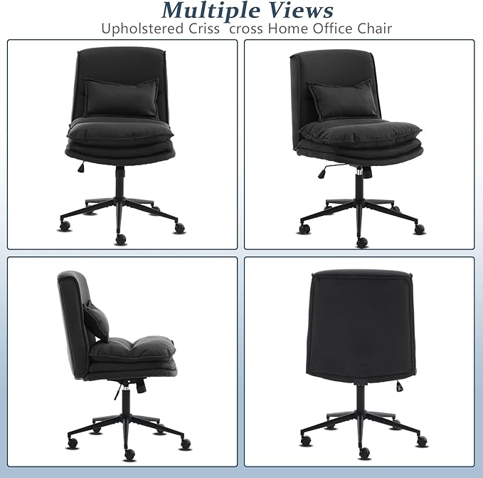 VINGLI Cloud Criss Cross Legged Chair,18" High Back Armless Home Office Desk Chair with Wheels,Wide Adjustable Comfy Padded Seat Task Computer Chair,Modern Swivel Makeup Vanity Chair,Microfiber,Black