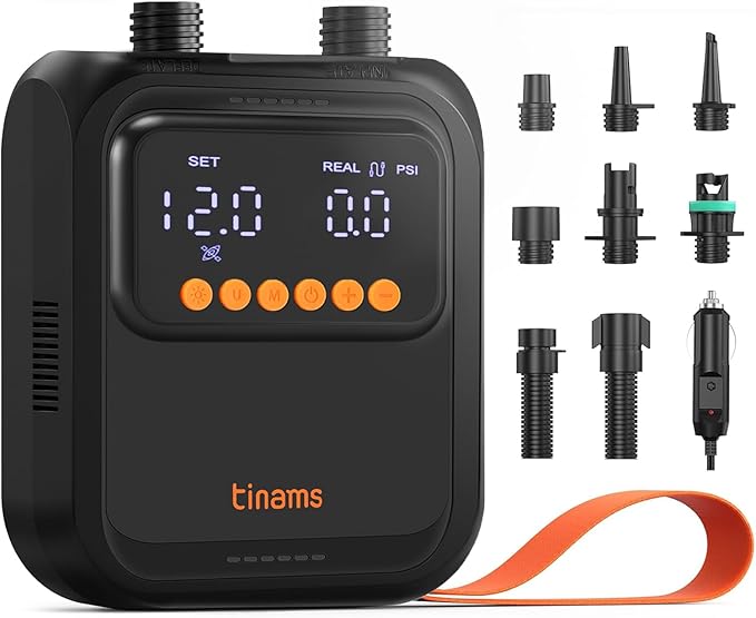 tinams 20PSI High-Pressure Electric SUP Pump, 12V Car-Powered Auto Shut-Off Air Pump, Ultra-Lightweight for Paddle Boards,...