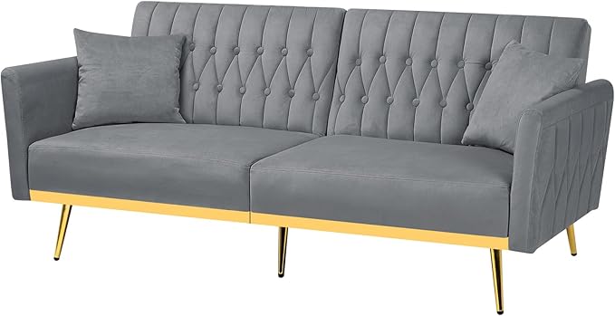 ACMEASE 70” Velvet Futon Sofa Bed with 2 Pillows and Adjustable Armrests, Convertible Sleeper Bed W/Adjustable Backrests, Modern Loveseat for Living Room, Bedroom, Light Grey