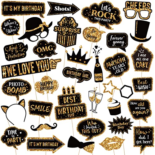 Outus 36 Pcs Birthday Photo Booth Props Kit Happy Birthday Graduation Wedding Party Favors Supplies Bday Party Decor 40th-...