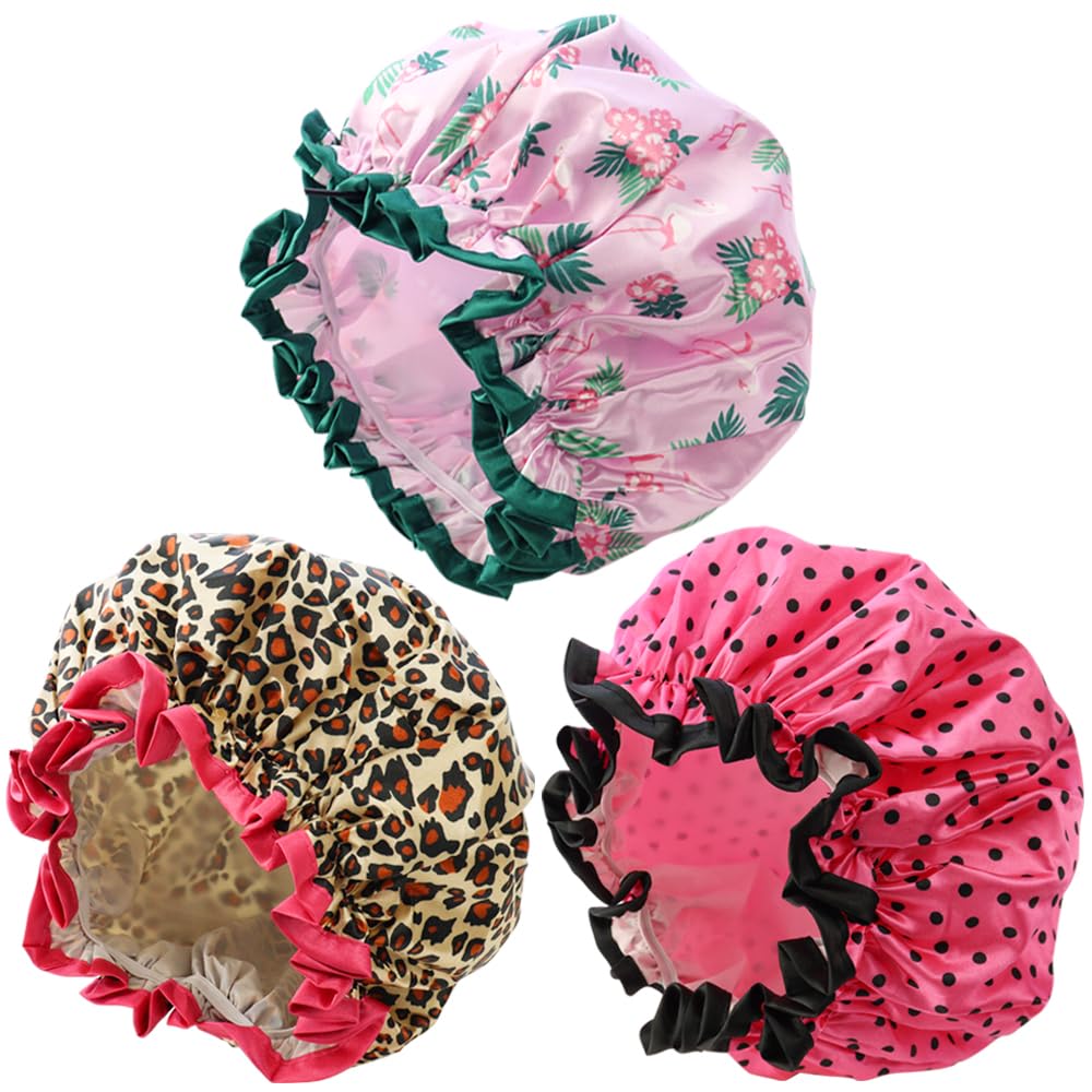 NAIHOD 3 Pieces Shower Cap,Reusable Shower Caps Waterproof, Double Waterproof Layers Bathing Shower Hat, Soft Comfortable EVA Lined Shower Hat, Protection Hair Bath Women Caps