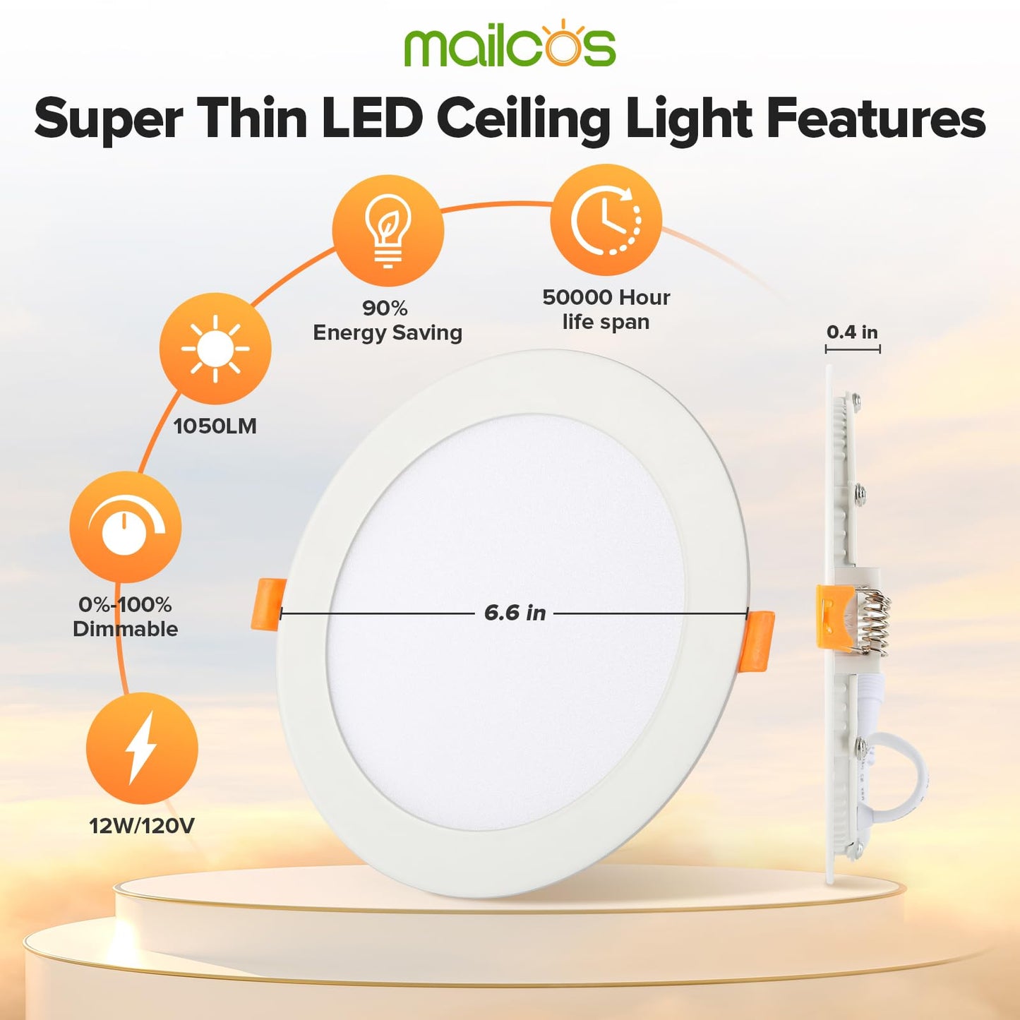 MAILCOS 12 Pack 6 Inch 5CCT Ultra-Thin LED Recessed Ceiling Light with Junction Box, 2700K-5000K Selectable, 1050LM High Brightness, Dimmable Canless Wafer Downlight, 12W 120V, ETL