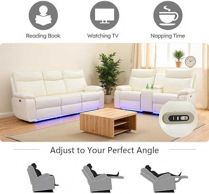 Toseslo 2 Piece Leather Sofa Sets,Power Recliner Sofa and Loveseat Set with LED Light,Living Room Furniture, Reclining Sofa with Cup Holders/Storage Console for House, Vanilla White