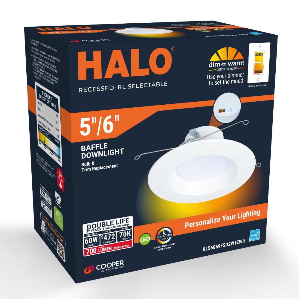 HALO 5/6 inch LED Recessed Light Trim with Selectable Color Temperature 2700K-5000K Dimmable Wet Location Indoor Outdoor Downlight Retrofit RL56069FSD2W1EWH