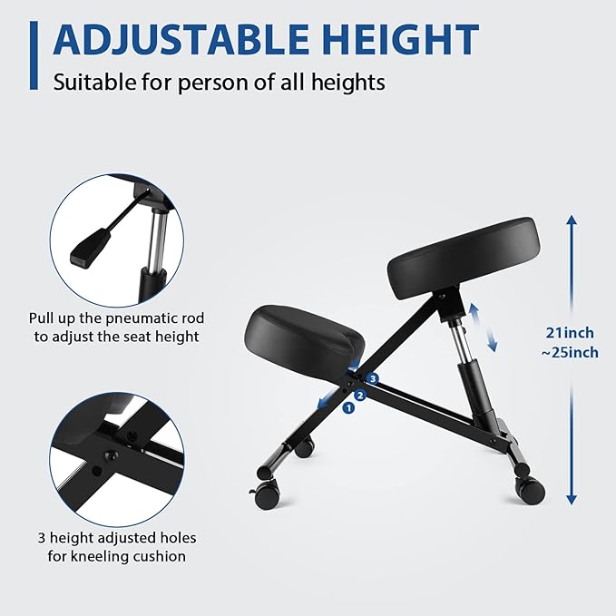 Ergonomic Office Kneeling Chair, Height Adjustable Stool with Thick Foam Cushions and Smooth Gliding Casters to Improve Posture and Relieve Pain, Multifunctional Design for Home and Office