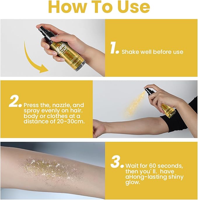 MEICOLY Gold Body Glitter Spray,100ML(3.53OZ),Liquid Glitter Hairspray,Sparkle Hair Spray,Glitter Spray for Hair/Body/Clothes,Body Shimmer for Skin,Lightweight,Long Lasting