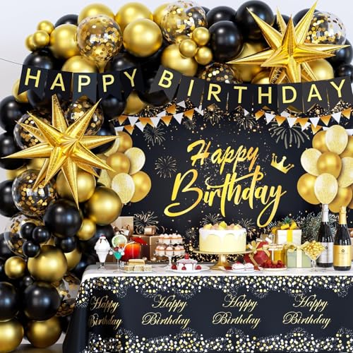 Black and Gold Birthday Decorations for Men Women, 71pcs Black and Gold Party Decorations with Backdrop, Tablecloth, Gold ...