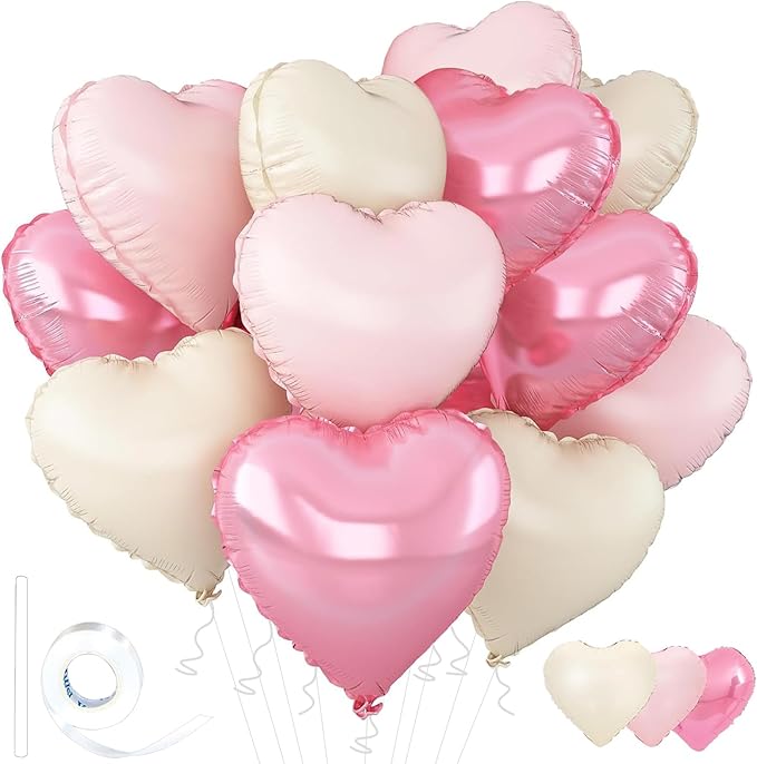 Wuhetyo Pink Heart Balloons,18inch Bright Pink Heart Shaped Foil Balloons & Pastel White Helium Mylar Balloon for Annivers...