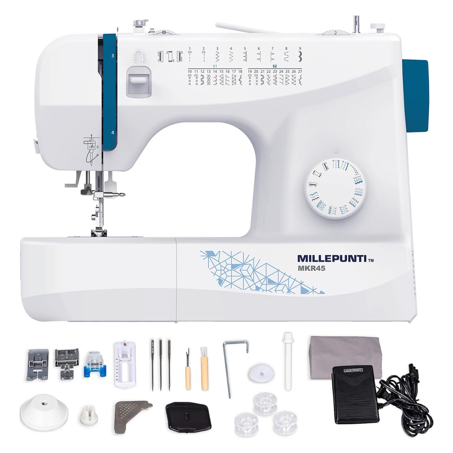 MILLEPUNTI MKR45 25 Built-in Stitches Beginner Sewing Machine, 4 Included Feet & Accessory Kit, Automatic Needle Threader, for All Skill Levels, Sewing Machine for Beginners Adult, Quilting
