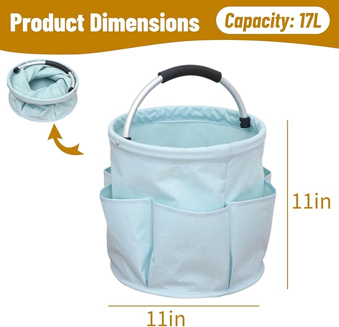 17L Foldable Storage Basket with 6 Side Pockets Cleaning Caddy with Handle Folding Storage Bin for Home Bathroom Camping Gardening (Light Blue)