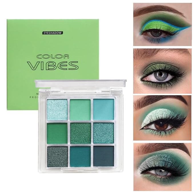 Go Ho 9 Colors Green Eyeshadow Palette,Light to Dark Green Eye Shadow Palette,Matte&Shimmer Eye Makeup Palette,Waterproof Grey&Green Powder Eyeshadow Makeup