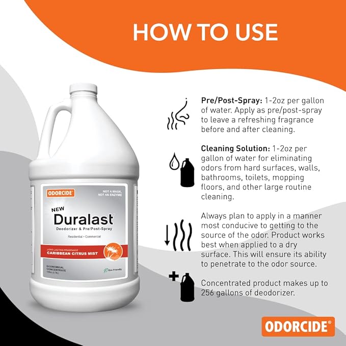 Odorcide Duralast Caribbean Citrus Mist Pet Urine Odor Eliminator - Pet Deodorizers for Home for Strong Odors - Pet Urine Deodorizer with Non-Enzymatic Formula (1 Gallon)