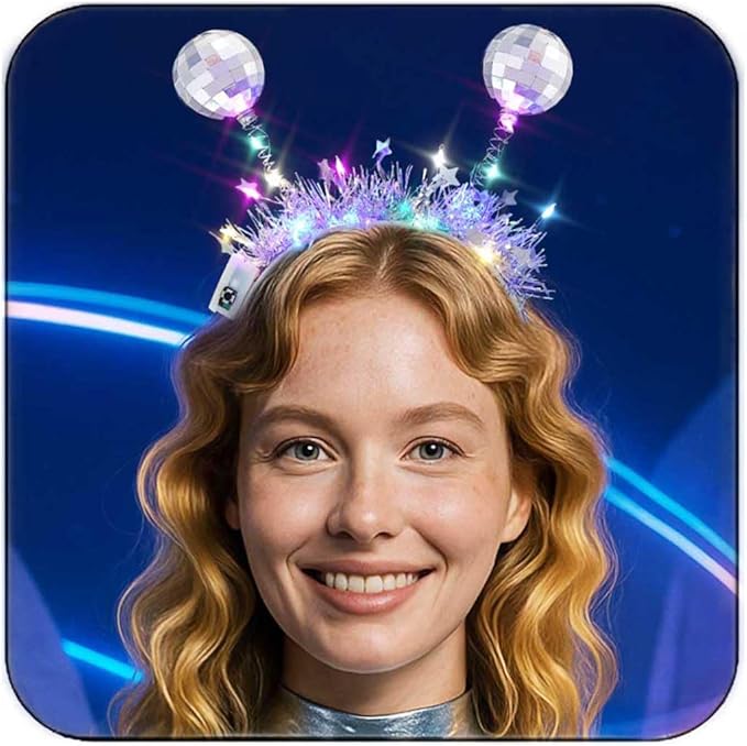DRESBE Light Up Disco Ball Headband Silver LED Alien Headbands Glow Party Hair Accessories for Women