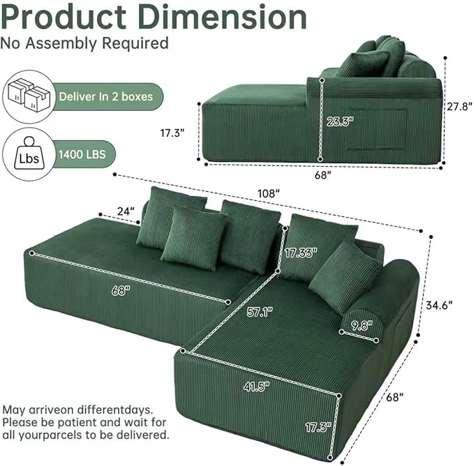 108" Cloud Boneless Couch,Modular Sectional Sofa with Deep Seat L-Shape,Couches for Living Room Bedroom No Assembly Required (Black, Reft Facing Chaise)