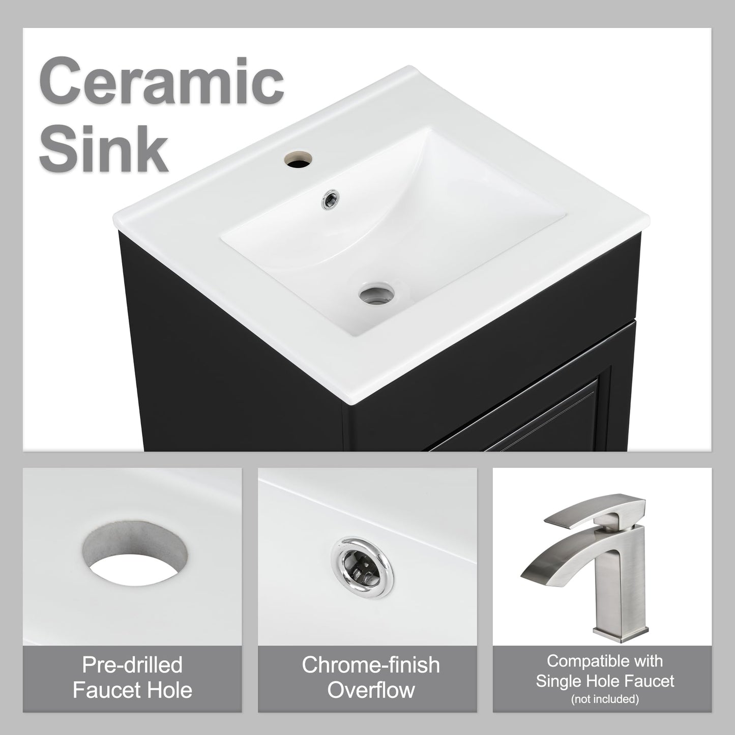 Christopher Knight Home Vanes Wood Frame 20" Bathroom Vanity with Ceramic Sink, Cabinet with Soft-Closing Door Shelf and Adjustable Shelf, Open Back, Metal Hardware, Storage/Organizer, Black