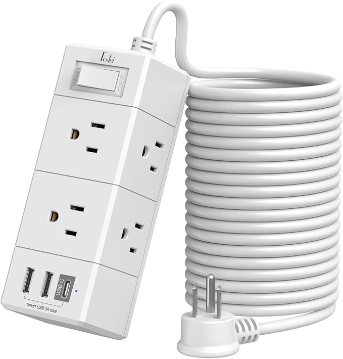 20Ft Extension Cord Flat Plug Power Strip - Tcstei 3-Side Outlet Extender with 6 AC Outlets and 3 USB Ports (1 USB C), Com...