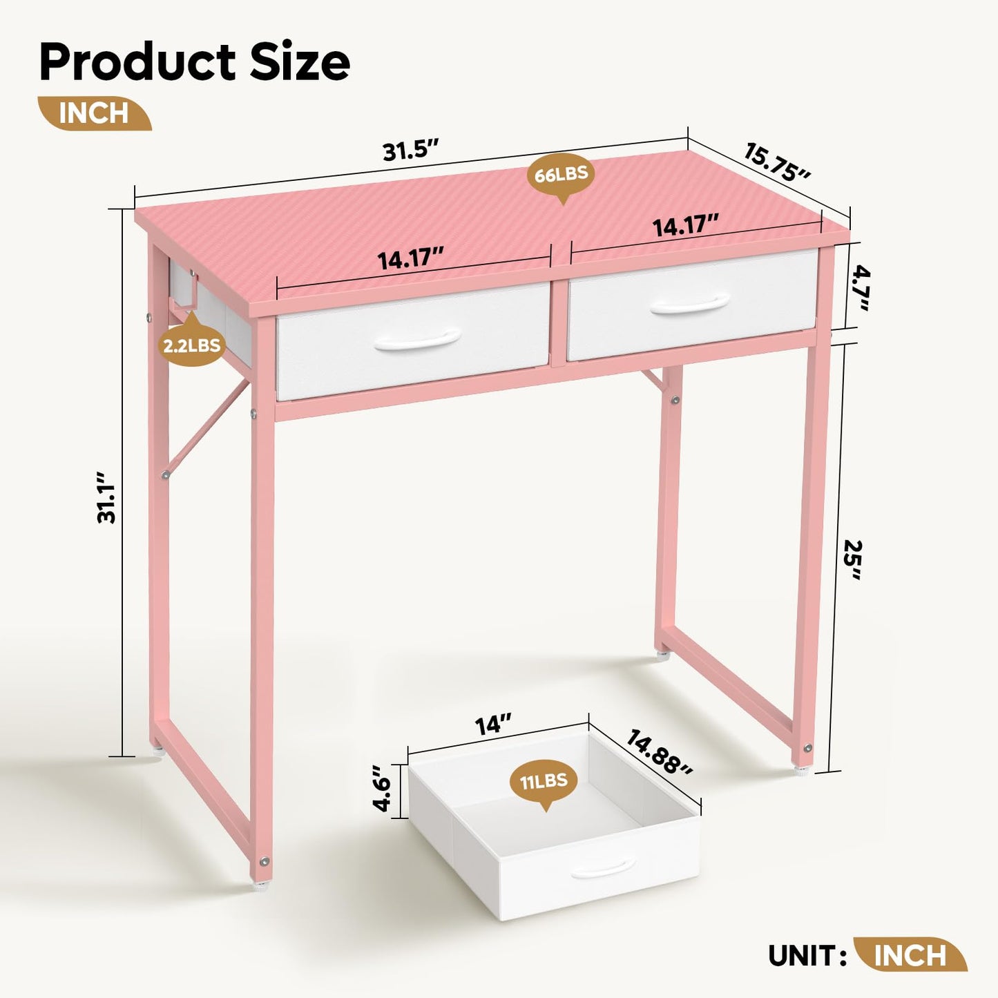 Pinmoco Small Desk with 2 Fabric Storage Drawers, Vanity Desk with LED Light, Home Office Computer Desk for Bedroom Small Spaces, Adjustable Feet, Pink