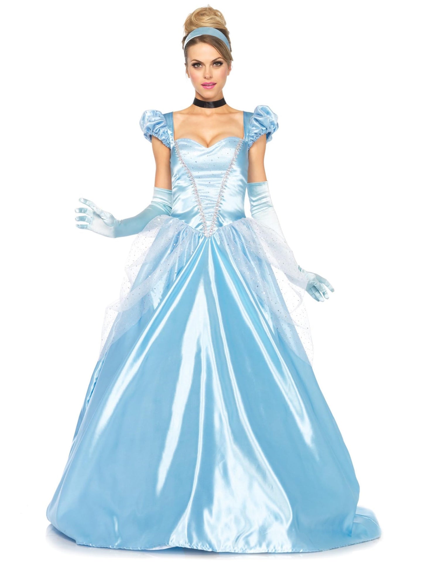 Leg Avenue 3 Piece Classic Cinderella Gown Full Length Family Friendly Princess Dress and Headband Set for Adult Women, Blue, Large