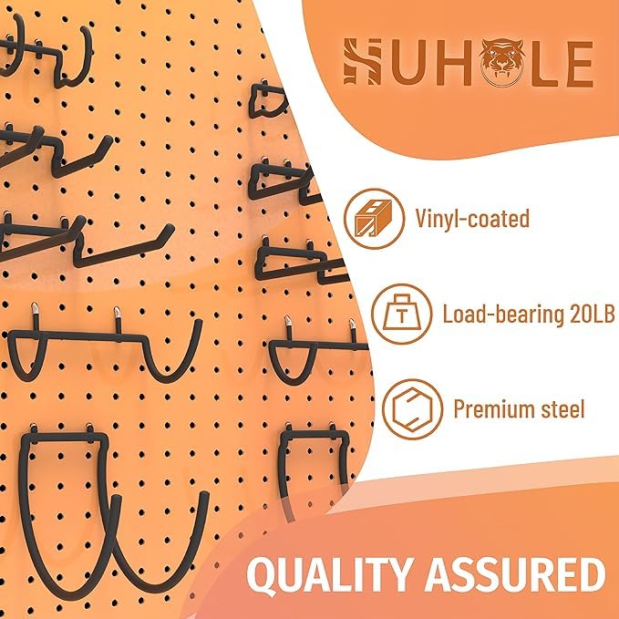 HUHOLE 10-Pack Heavy Duty Pegboard Hooks for Power Tools & Garage Organization, Vinyl-Coated Steel Drill Holders & Utility Hangers, Fits Standard 1/4" Pegboards (Black)