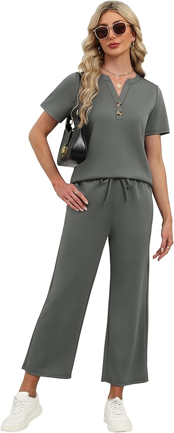 OFEEFAN 2 Piece Sets for Women Spring Fashion Beach Vacation Cruise Outfit Dressy Casual Wide Leg Crop Pants Resort Wear