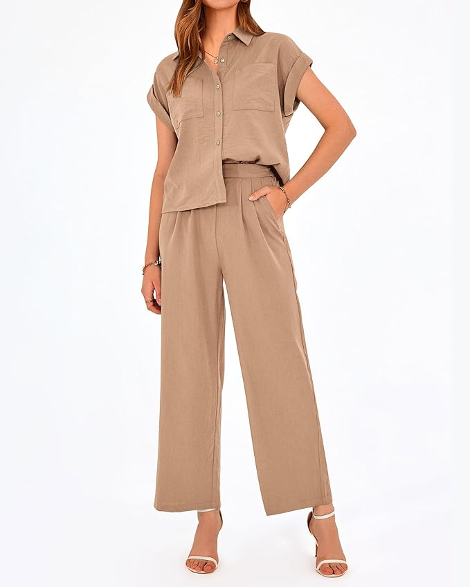 PRETTYGARDEN Womens 2 Piece sets Summer Cap Sleeve Tops Palazzo Pants Dressy Casual Vacation Travel Outfits Tracksuits